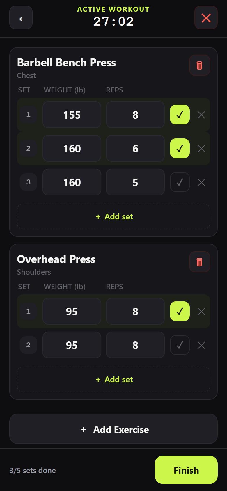 IronLog active workout screen logging sets of Barbell Bench Press